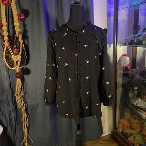 Lauren Conrad XXL long sleeve Blouse Black with White embroidery ruffles toggles